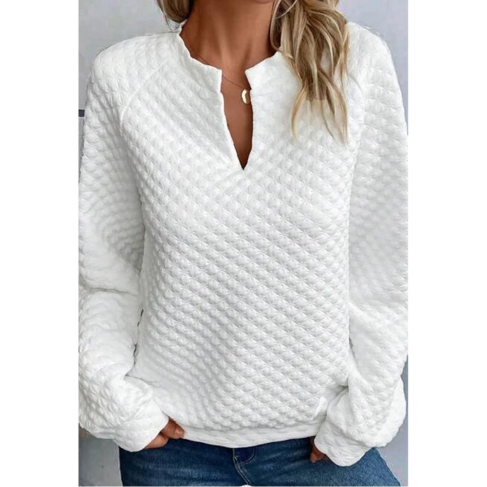 White V Neck Quilted Long Sleeve Top - Picture 3 of 6